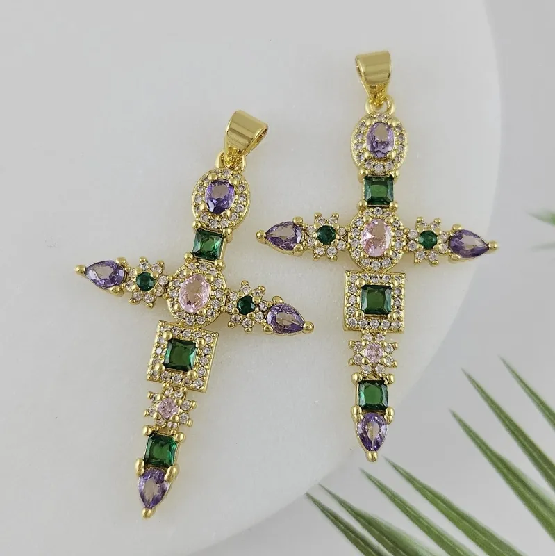 Подвеска Крест с фианитами 40x25.6 мм позолота 18К (8583-З)