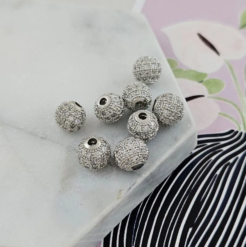 УЦЕНКА Бусина с фианитами 8 мм круглая, родиевое покрытие (2973-Р/8-УЦ)