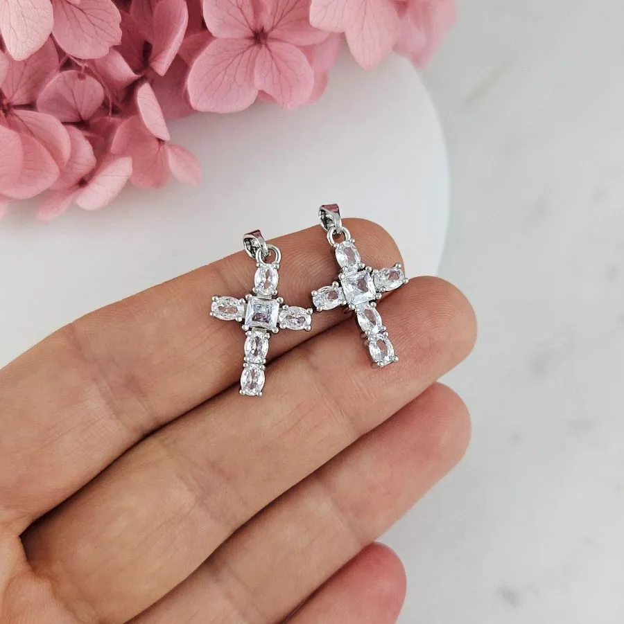 Подвеска Крест 20х13х3.3 мм с фианитами, родиевое покрытие (10207-БР) купить с доставкой по России | Интернет-магазин Viva Beads