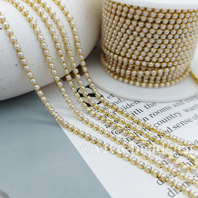 50 см Стразовая цепь жемчужная 2 мм золото (3674)  купить с доставкой по России | Интернет-магазин Viva Beads
