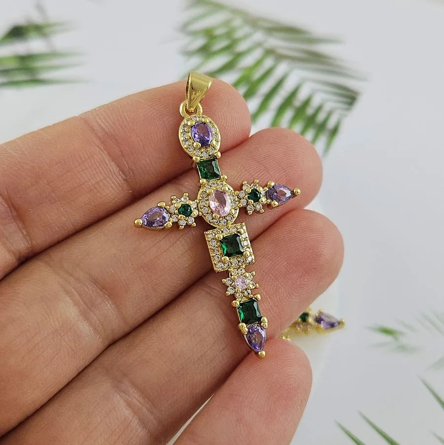 Подвеска Крест с фианитами 40x25.6 мм позолота 18К (8583-З)