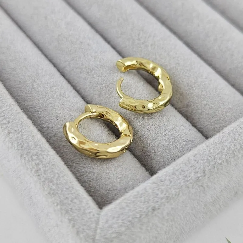 Серьги кольца, бублики, конго мятые 14х3 мм, позолота 14К (8470-3-З)