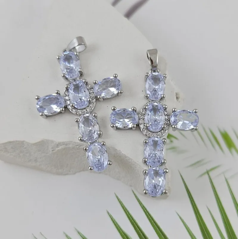 Подвеска Крест 33х22 мм с фианитами родиевое покрытие, голубой (6978-РГ)