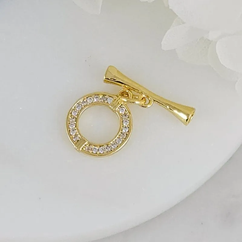 Замок тоггл круглый с фианитами, кольцо 11.7х14.2 мм позолота 14К (9485-З) замок для украшений купить с доставкой по России | Интернет-магазин Viva Beads