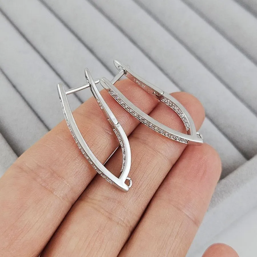 Швензы с английским замком удлиненные 32.5х2.3 мм с фианитами, родиевое покрытие (10205-Р) швензы для серег купить с доставкой по России | Интернет-магазин Viva Beads