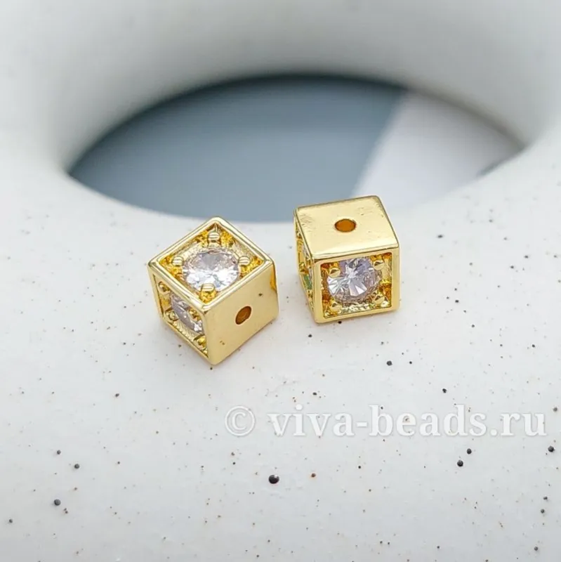 УЦЕНКА 1 шт. Бусина / разделитель / спейсер куб с фианитами 6 мм позолота (7429-З-УЦ) купить с доставкой по России | Интернет-магазин Viva Beads