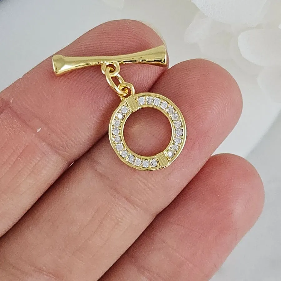 Замок тоггл круглый с фианитами, кольцо 11.7х14.2 мм позолота 14К (9485-З) замок для украшений купить с доставкой по России | Интернет-магазин Viva Beads