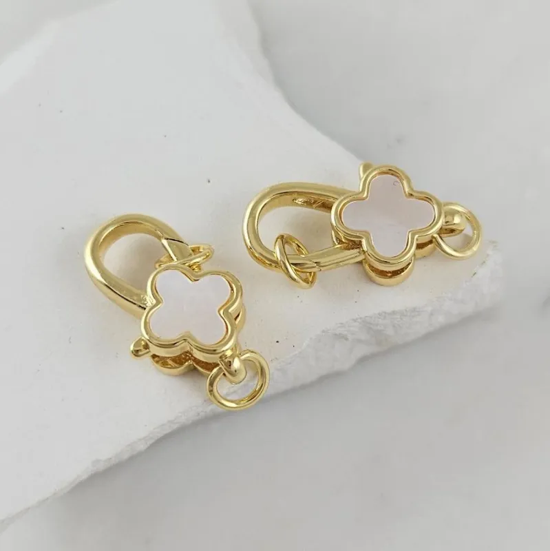 Замок карабин Клевер 18х10 мм с перламутром, позолота 14К (10110-З) замок для украшений купить с доставкой по России | Интернет-магазин Viva Beads