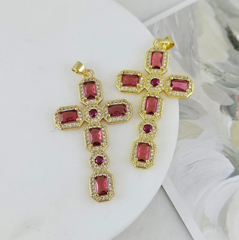 Подвеска Крест с фианитами 45.7х26.2 мм позолота 14К, ярко-розовый (9507-ЯРОЗЗ) купить с доставкой по России | Интернет-магазин Viva Beads