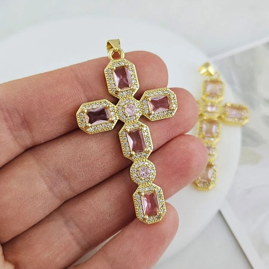 Подвеска Крест с фианитами 45.7х26.2 мм позолота 14К, светло-розовый (9507-СРОЗЗ) купить с доставкой по России | Интернет-магазин Viva Beads