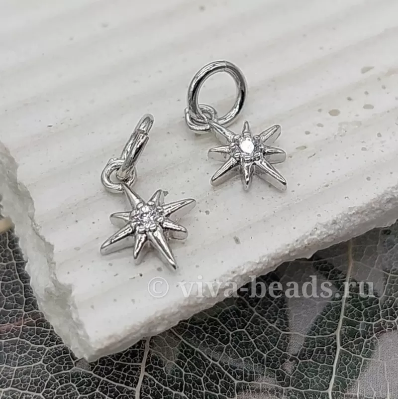 Подвеска Звезда 10x7 мм с фианитом родиевое покрытие (6671-Р) купить с доставкой по России | Интернет-магазин Viva Beads