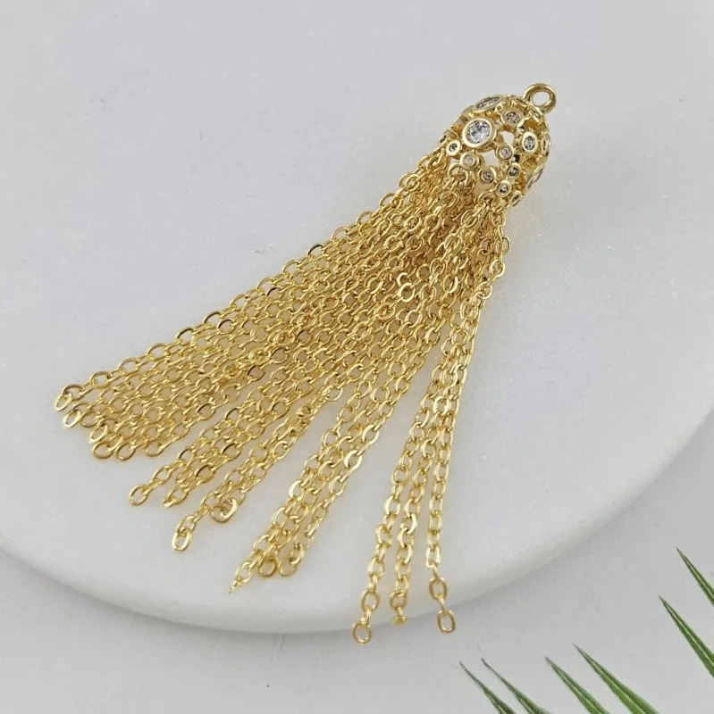 1 шт. Подвеска Кисточка 57х10 мм с фианитами, позолота 14К (10028-З)