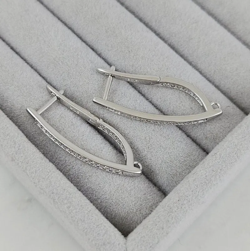 Швензы с английским замком удлиненные 32.5х2.3 мм с фианитами, родиевое покрытие (10205-Р) швензы для серег купить с доставкой по России | Интернет-магазин Viva Beads