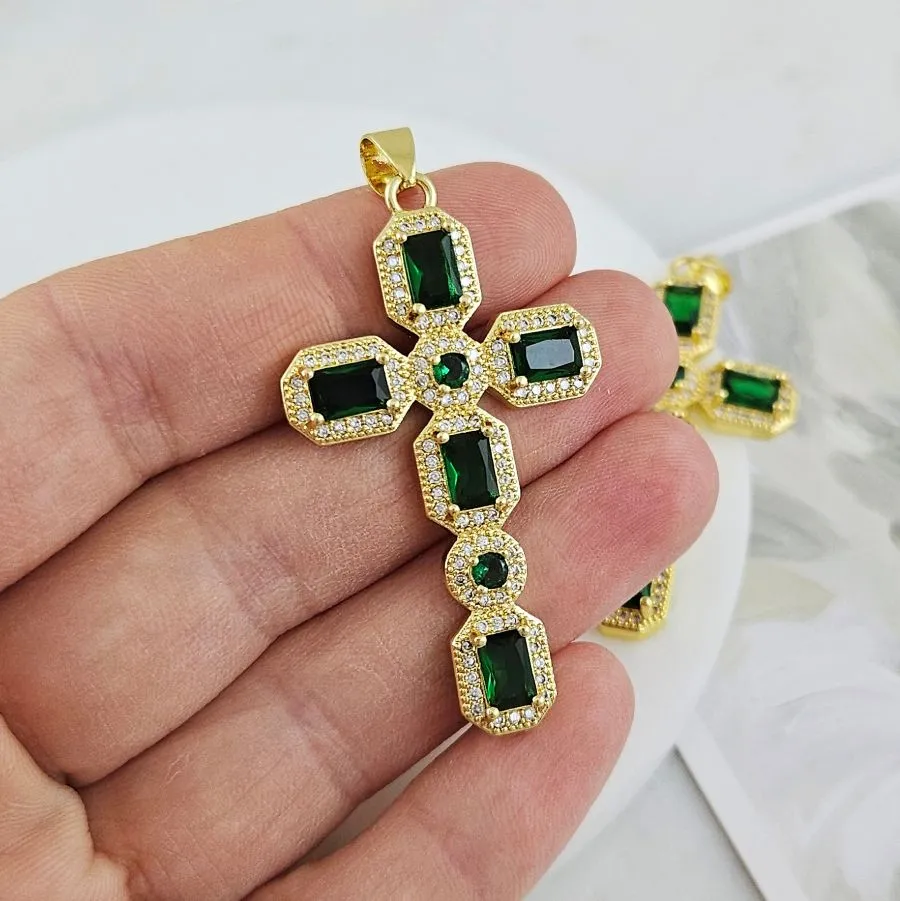 Подвеска Крест с фианитами 45.7х26.2 мм позолота 14К, изумрудный (9507-ИЗЗ) купить с доставкой по России | Интернет-магазин Viva Beads