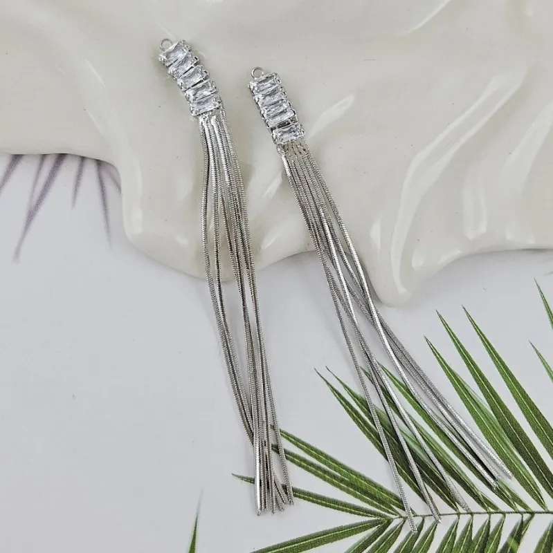 Подвеска Кисточка 85х6 мм с фианитами, родиевое покрытие (10009-Р)