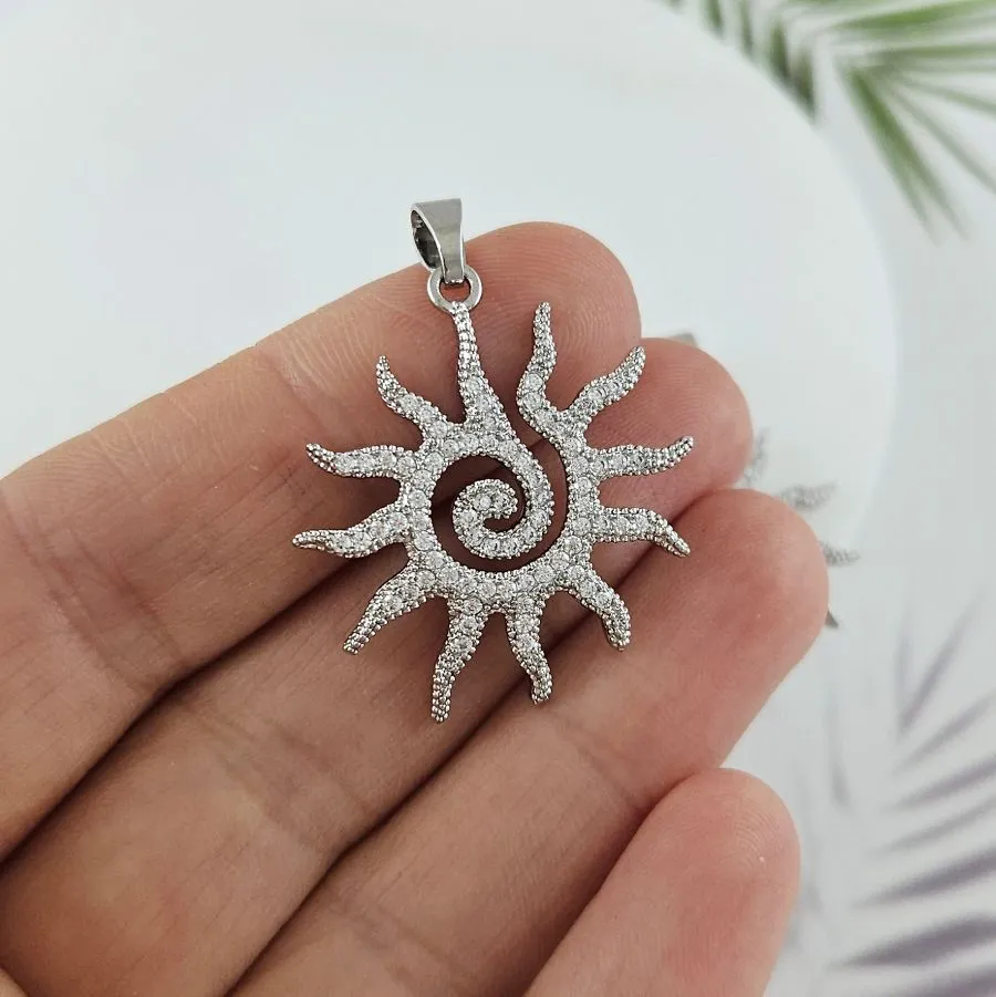 Подвеска Солнце 30x27.2 мм с фианитами и родиевым покрытием (10075-Р) купить с доставкой по России | Интернет-магазин Viva Beads