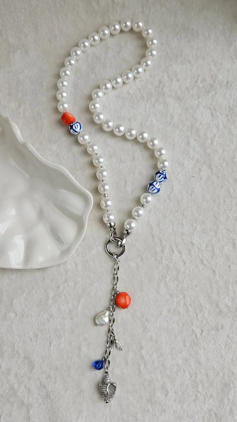 Колье-галстук из Майорки, коралла и керамики в морском стиле, набор материалов (НАБОР-88)