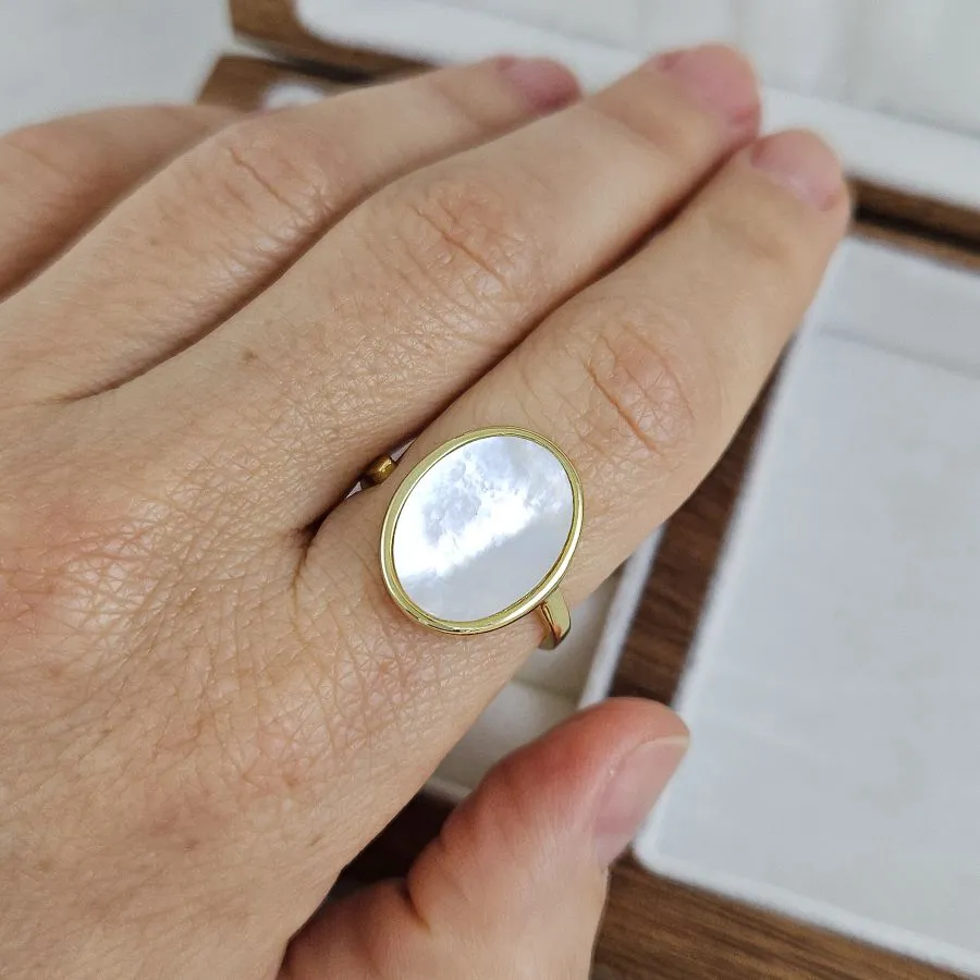 Кольцо Овал с перламутром свободный размер, позолота 14К (10274-З) купить с доставкой по России | Интернет-магазин Viva Beads