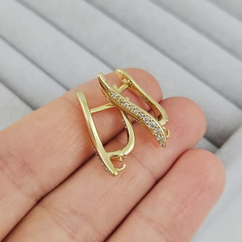 УЦЕНКА Швензы с английским замком 21.8х3.9 мм с фианитами, позолота 14К (10204-З-УЦ)