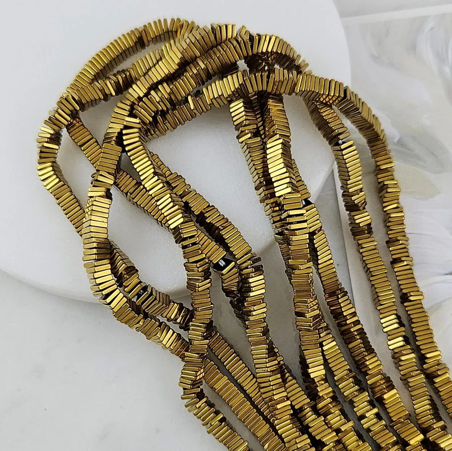 Нить 19 см Гематит, гематин 4х1 мм бусины плоский квадрат, цвет античное золото (7896-4) для бижутерии купить с доставкой по России | Интернет‑магазин Viva Beads
