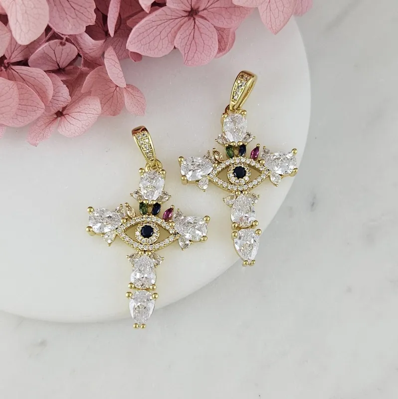 Подвеска Крест 35х25х4 мм с цветными фианитами, позолота 18К (10206-З) купить с доставкой по России | Интернет-магазин Viva Beads