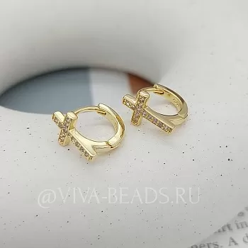УЦЕНКА Серьги колечки с крестом 13х9 мм фианиты, позолота (7475-З-УЦ)