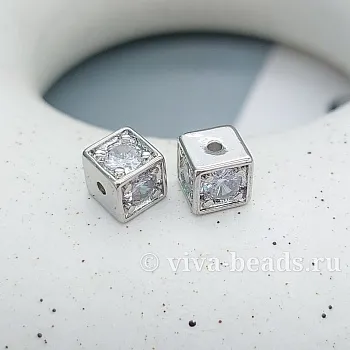 УЦЕНКА 1 шт. Бусина разделитель, спейсер куб с фианитами 6.5 мм родиевое покр. (7429-Р-УЦ) купить с доставкой по России | Интернет-магазин Viva Beads