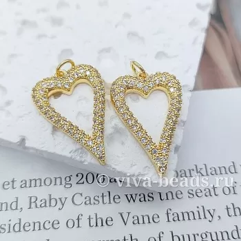 Подвеска сердце 25.2x16.3 мм с фианитами, позолота (5456)