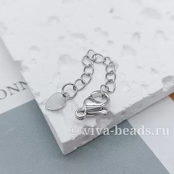 Замок лобстер 10 мм с удлинителем Сердце родиевое покрытие (7220-10-Р) замок для украшений купить с доставкой по России | Интернет-магазин Viva Beads