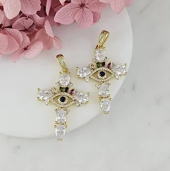 Подвеска Крест 35х25х4 мм с цветными фианитами, позолота 18К (10206-З) купить с доставкой по России | Интернет-магазин Viva Beads