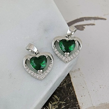 Подвеска Сердце 13.8х13.1 мм с фианитами, родиевое покрытие, зеленый (9689-ЗЕЛР)