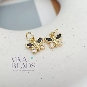 Подвеска Бабочка 9х9.7 мм с фианитами черный, позолота (7513-ЧЗ) Подвеска Бабочка 9х9.7 мм с фианитами черный, позолота (7513-ЧЗ)