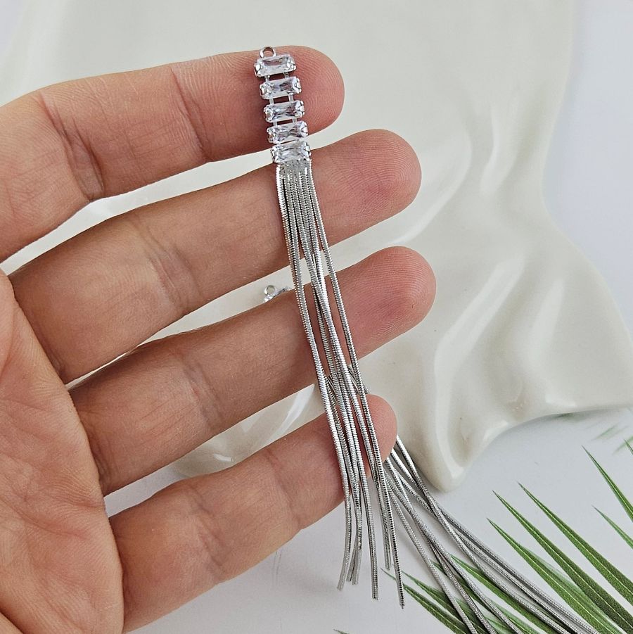 Подвеска Кисточка 85х6 мм с фианитами, родиевое покрытие (10009-Р)