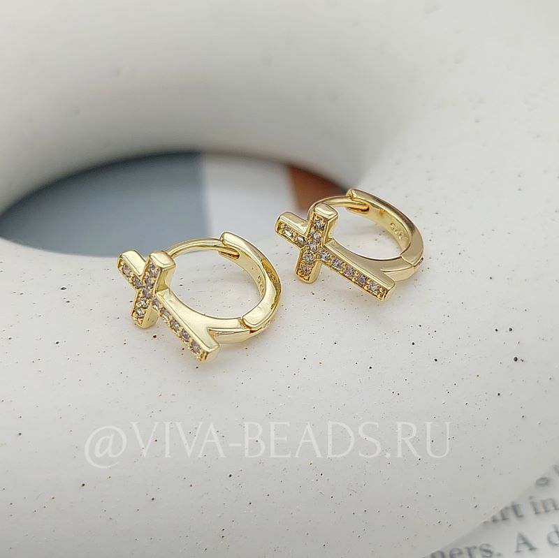 УЦЕНКА Серьги колечки с крестом 13х9 мм фианиты, позолота (7475-З-УЦ)