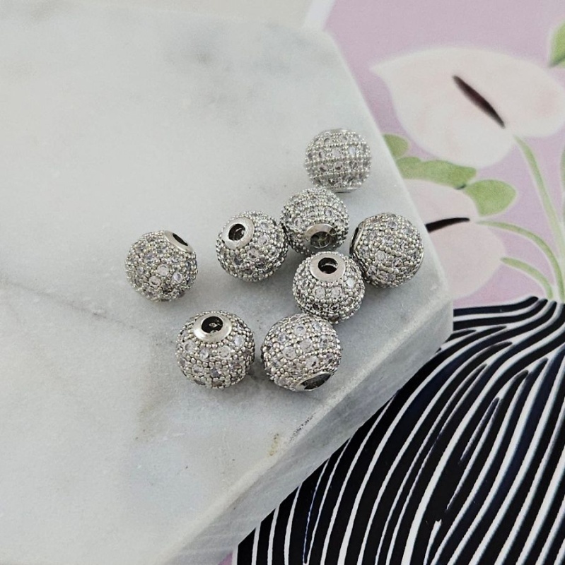 УЦЕНКА Бусина с фианитами 8 мм круглая, родиевое покрытие (2973-Р/8-УЦ)