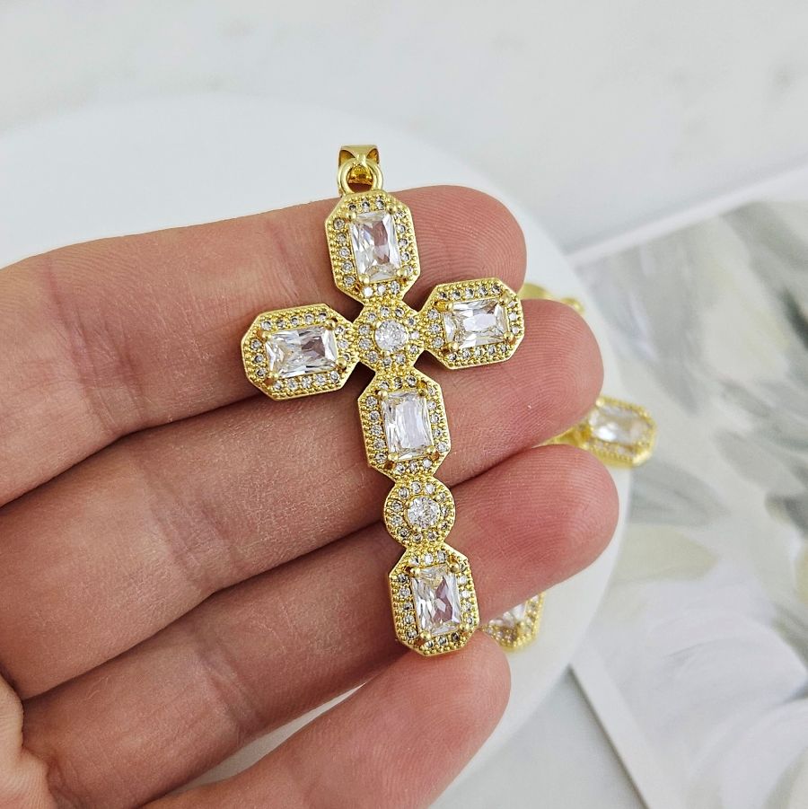 Подвеска Крест с фианитами 45.7х26.2 мм позолота 14К, прозрачный (9507-ПРОЗЗ) купить с доставкой по России | Интернет-магазин Viva Beads