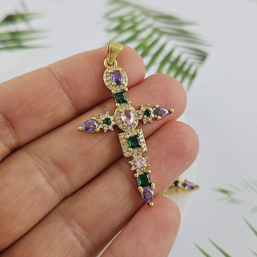 Подвеска Крест с фианитами 40x25.6 мм позолота 18К (8583-З)