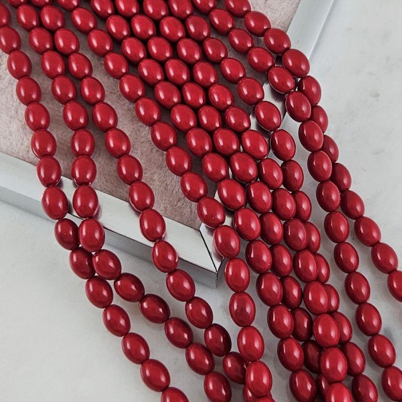 Нить 19 см Жемчуг Майорка ок. 6х8 мм бусины рис, красный (10174-6) купить с доставкой по России | Интернет-магазин Viva Beads