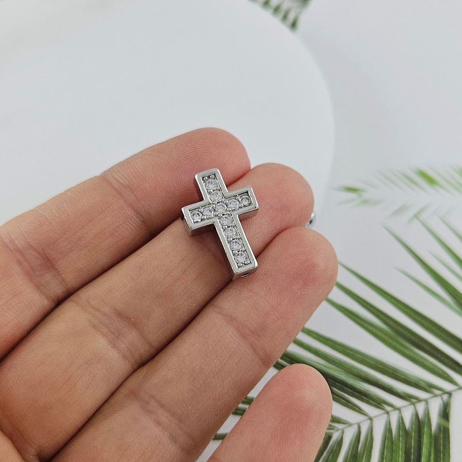 Бусина разделитель Крест с фианитами 18x12x4.4 мм, родиевое покрытие (9384-Р) купить в Воронеже | Заказать в интернет-магазине Viva Beads
