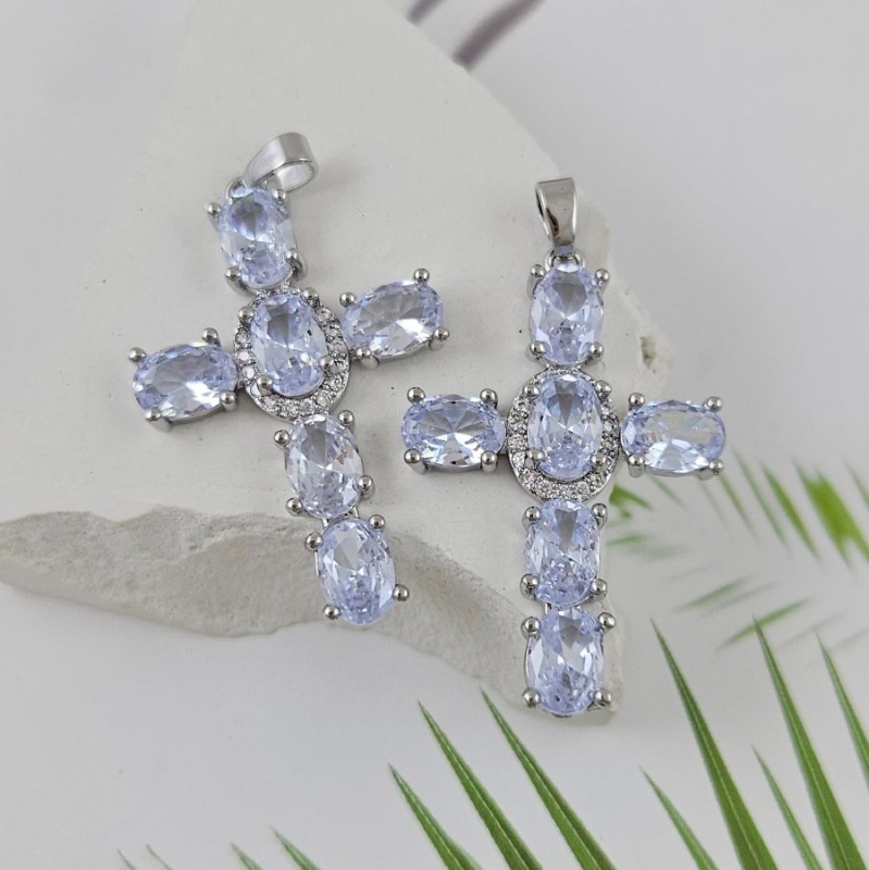 Подвеска Крест 33х22 мм с фианитами родиевое покрытие, голубой (6978-РГ)