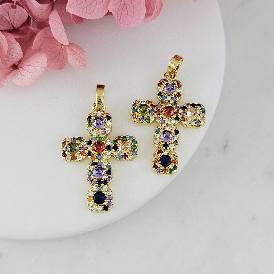 Подвеска Крест 27x18.5x4 мм с цветными фианитами, позолота 18К (7544-З-МИКС) купить с доставкой по России | Интернет-магазин Viva Beads