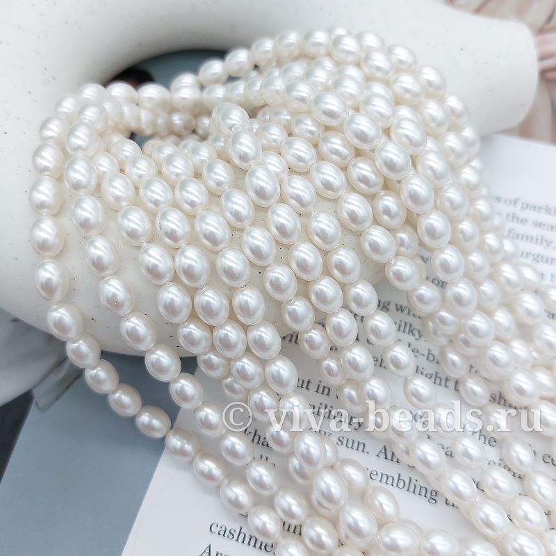 Нить 19 см Жемчуг Майорка рис 6х8 мм белый (7455) купить в Воронеже | Заказать в интернет-магазине Viva Beads
