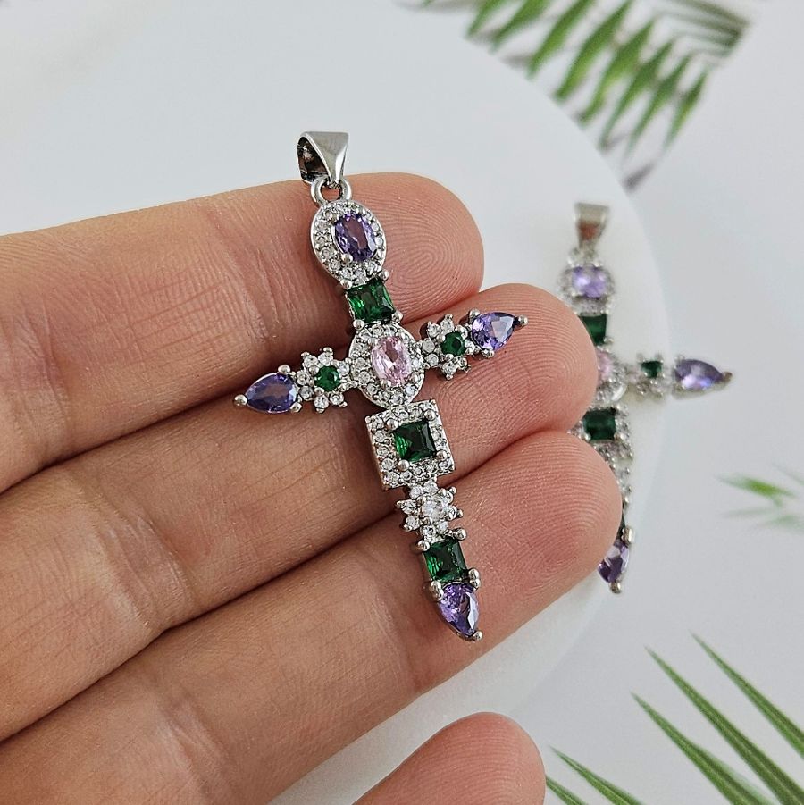 Подвеска Крест с фианитами 40x25.6 мм родиевое покрытие (8583-Р)