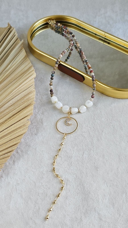 Колье-галстук из яшмы и перламутра с подвеской Месяц (НАБОР-83)