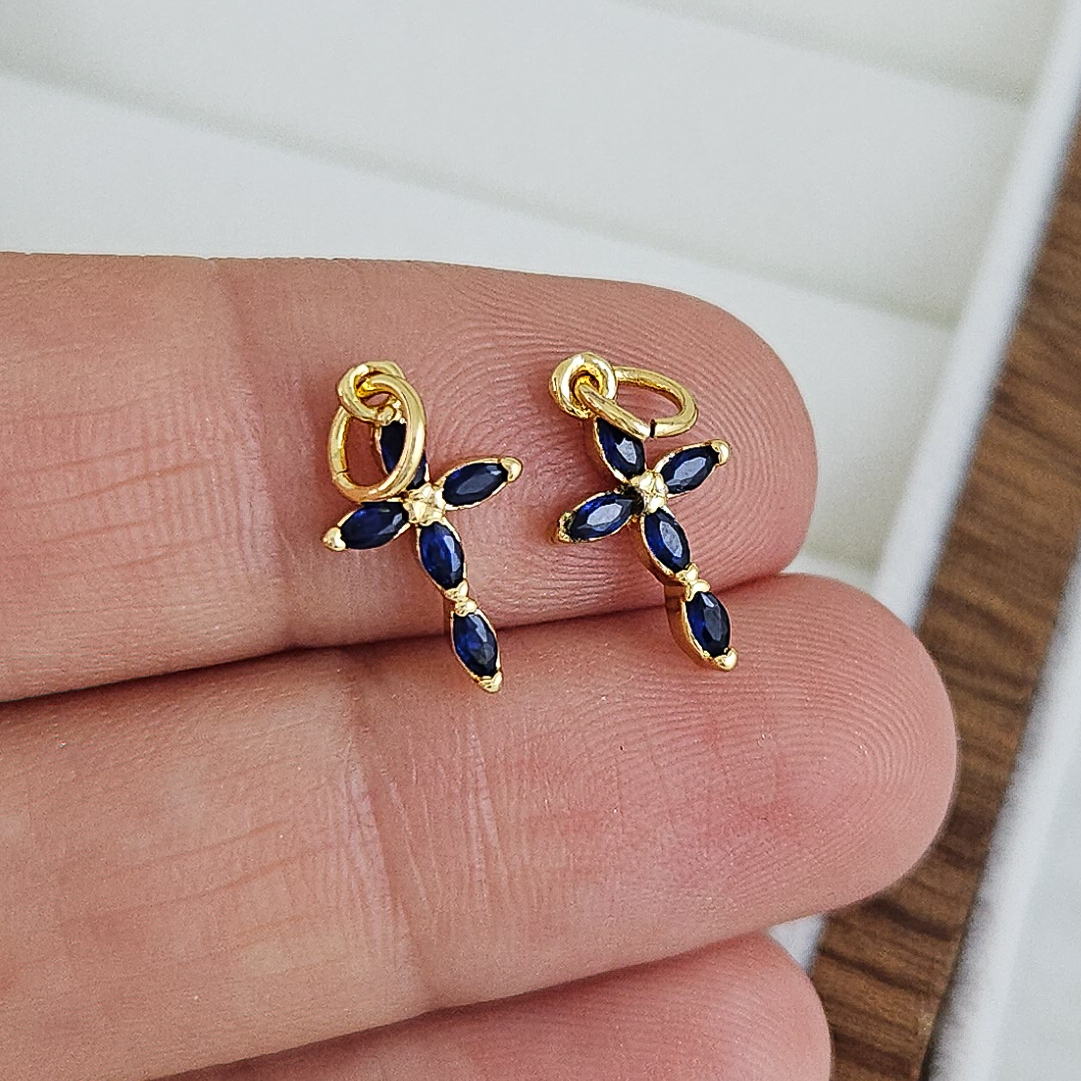 Подвеска Крест 13.5х8 мм с синими фианитами, позолота 14К (7512-СИНЗ) купить с доставкой по России | Интернет-магазин Viva Beads