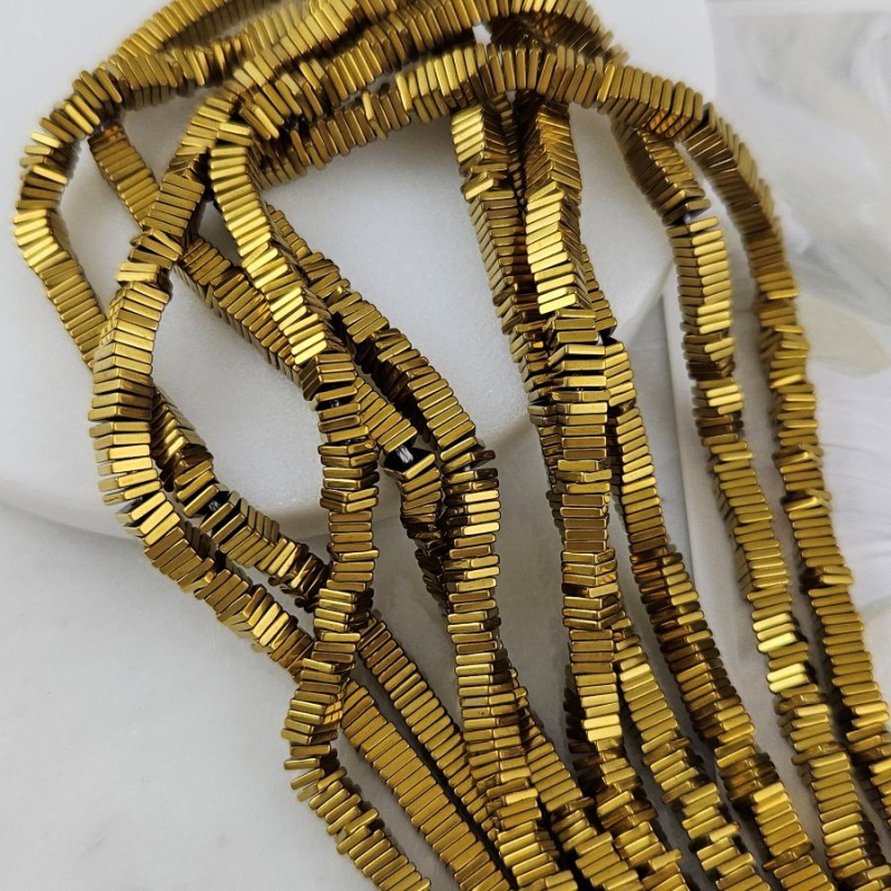 Нить 19 см Гематит, гематин 4х1 мм бусины плоский квадрат, цвет античное золото (7896-4) для бижутерии купить с доставкой по России | Интернет‑магазин Viva Beads
