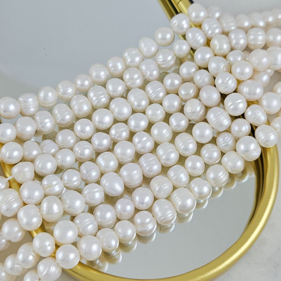 Нить 17 см Жемчуг натуральный речной ок. 7-8 мм, форма картофель, А+, белый (3776) купить с доставкой по России | Интернет-магазин Viva Beads