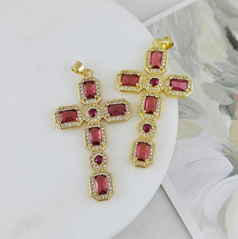 УЦЕНКА Подвеска Крест с фианитами 45.7х26.2 мм позолота 14К, ярко-розовый (9507-ЯРОЗЗ-УЦ)