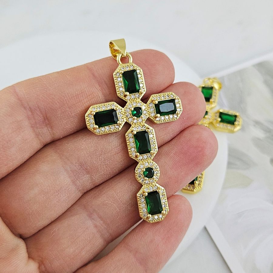 Подвеска Крест с фианитами 45.7х26.2 мм позолота 14К, изумрудный (9507-ИЗЗ) купить с доставкой по России | Интернет-магазин Viva Beads