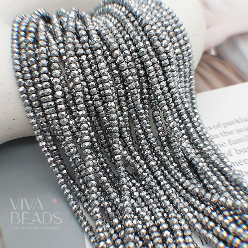 Нить 19 см Гематит 3х2 мм граненый рондель цвет платина (7628-П)	 купить в Воронеже | Заказать в интернет-магазине Viva Beads
